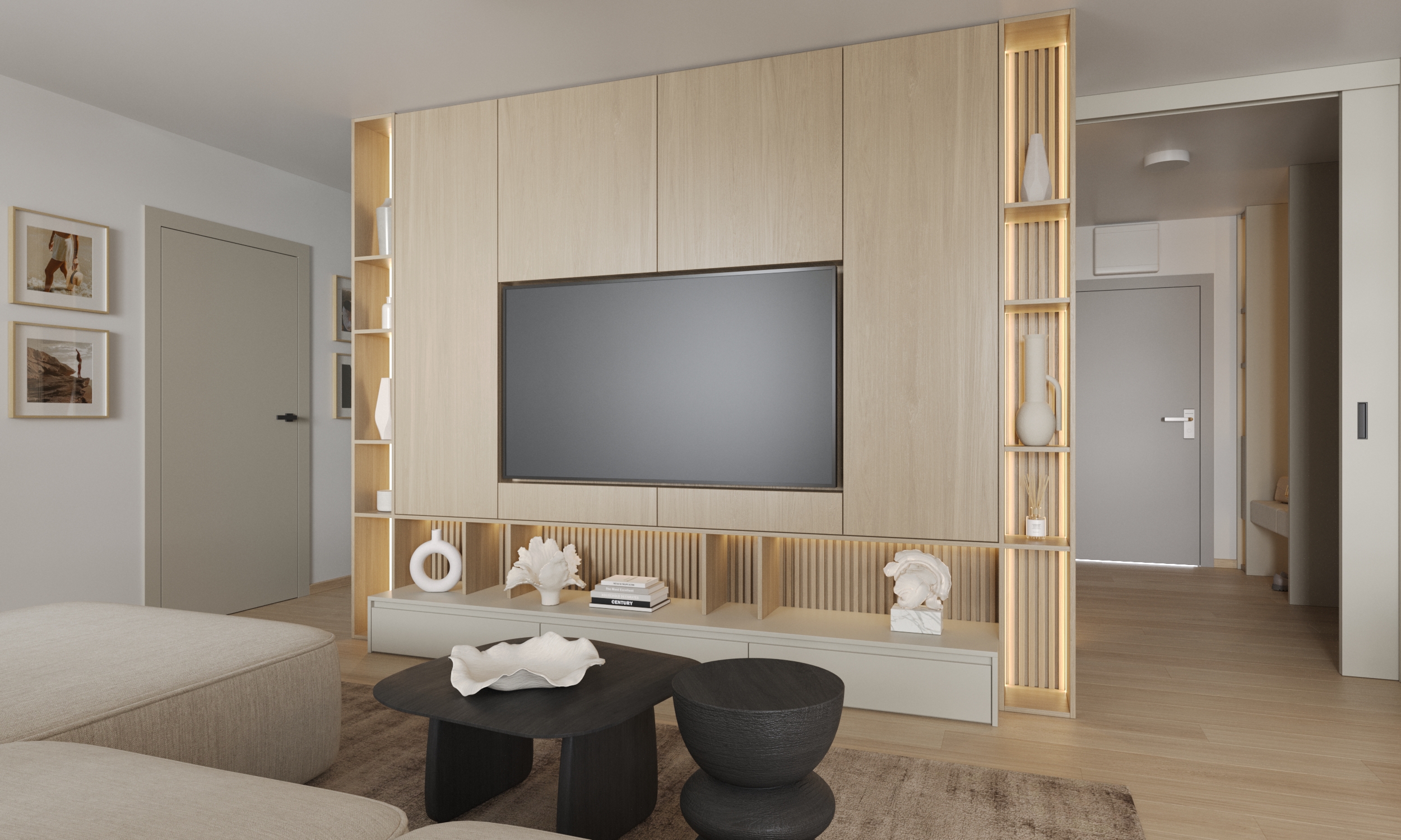 Obývačková TV stena 3D model v celej obývačke