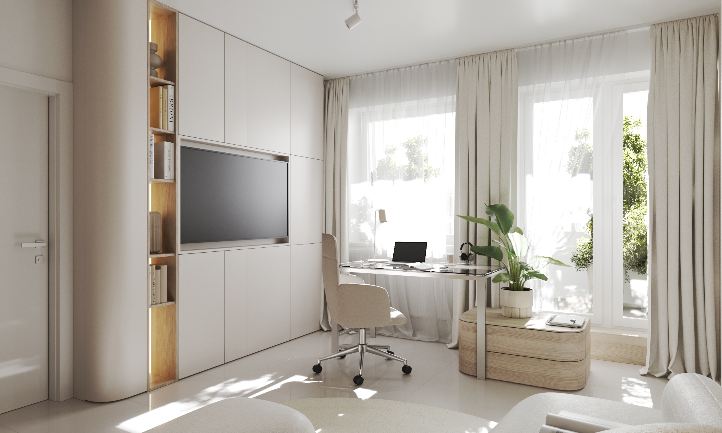 Pracovný stôl a TV stena 3D model v celej obývačke
